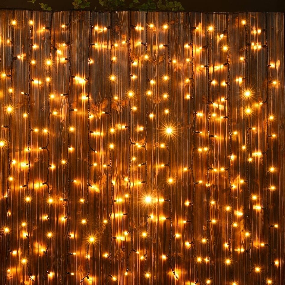 Lichtvorhang erweiterbar schwarz | ab 2 Meter | 300 LEDs | 2200K extra warmweiß mit Funkeln | Gummi