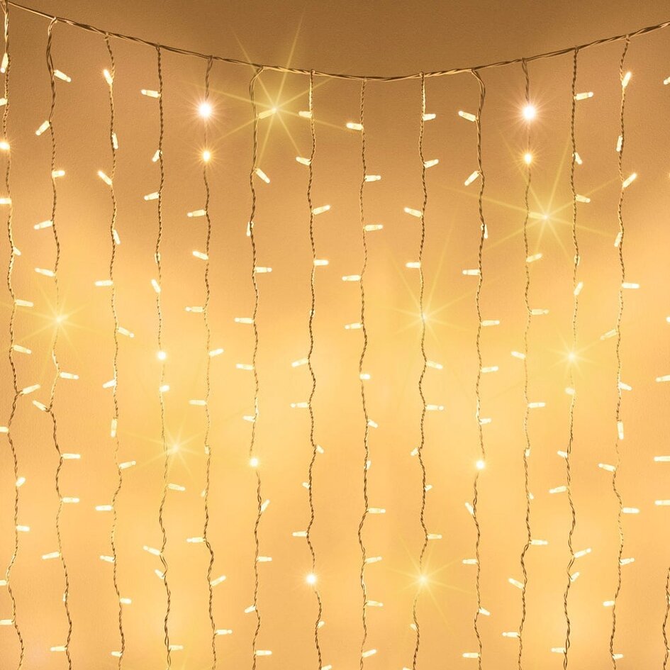 Lichtvorhang erweiterbar weiß | ab 2 Meter | 300 LEDs | 2200K extra warmweiß mit Funkeln | Gummi