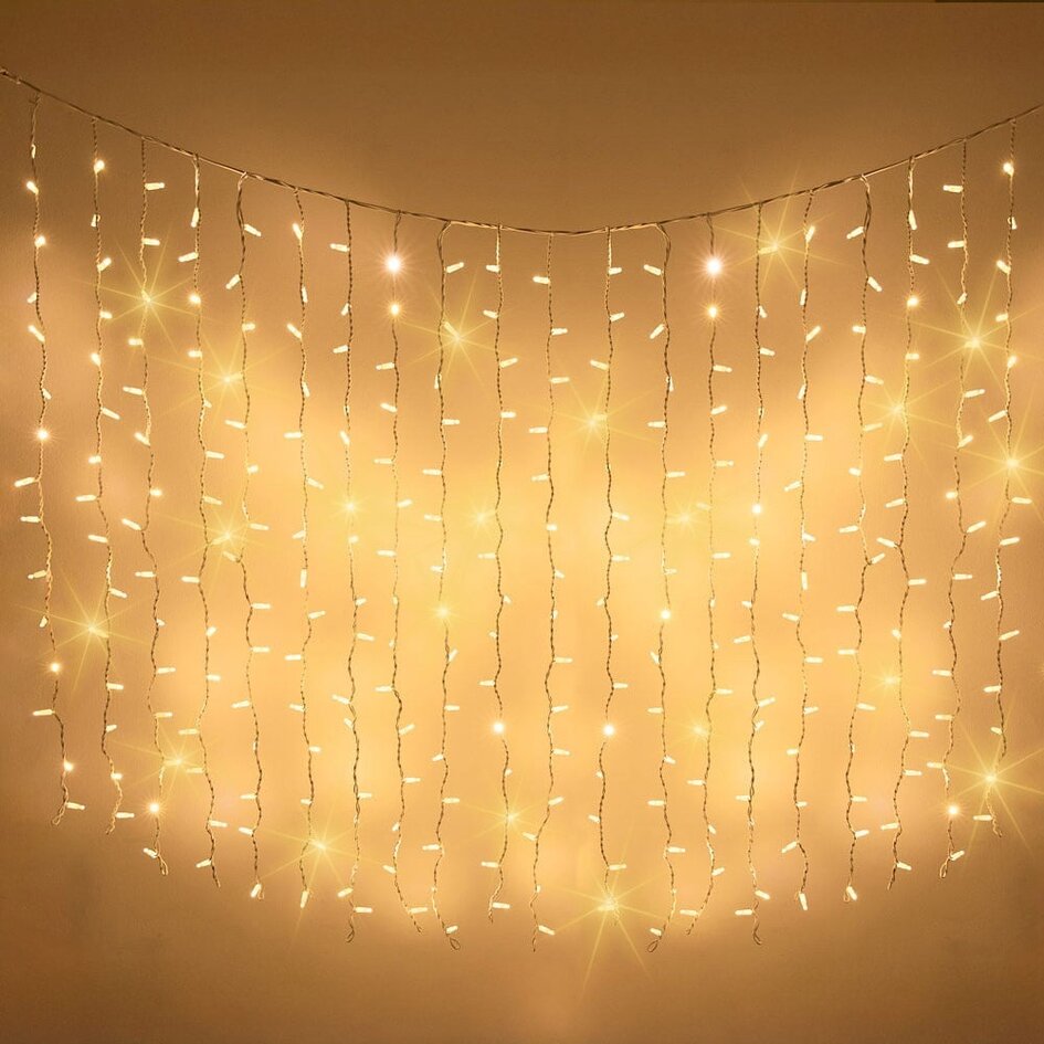 Lichtvorhang erweiterbar weiß | ab 2 Meter | 300 LEDs | 2200K extra warmweiß mit Funkeln | Gummi