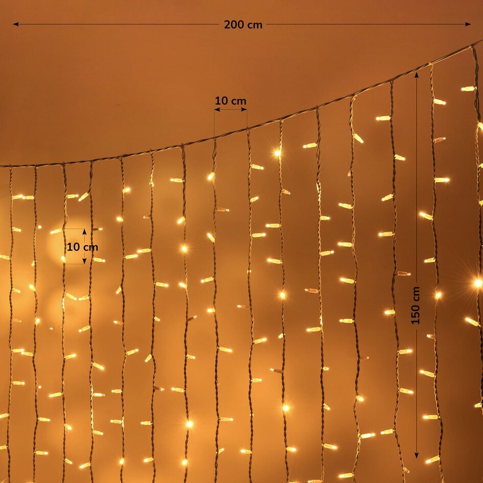 Lichtvorhang erweiterbar weiß | ab 2 Meter | 300 LEDs | 2200K extra warmweiß mit Funkeln | Gummi