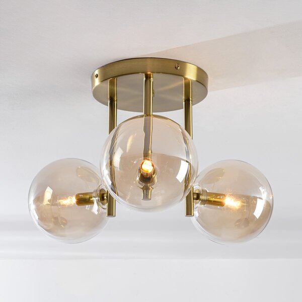 3-Licht-Deckenleuchte Elora Messing mit cognacfarbenem Glas