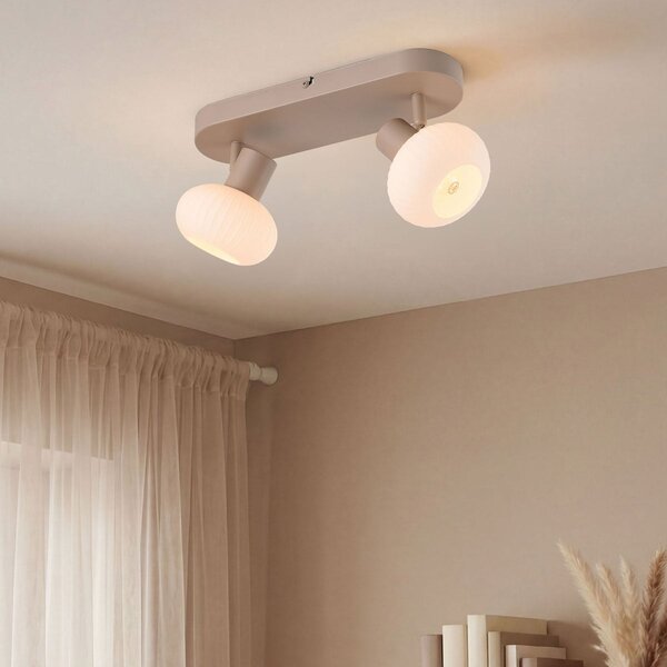Beige Deckenleuchte Odelle mit 2 verstellbaren Gläsern aus geripptem Glas