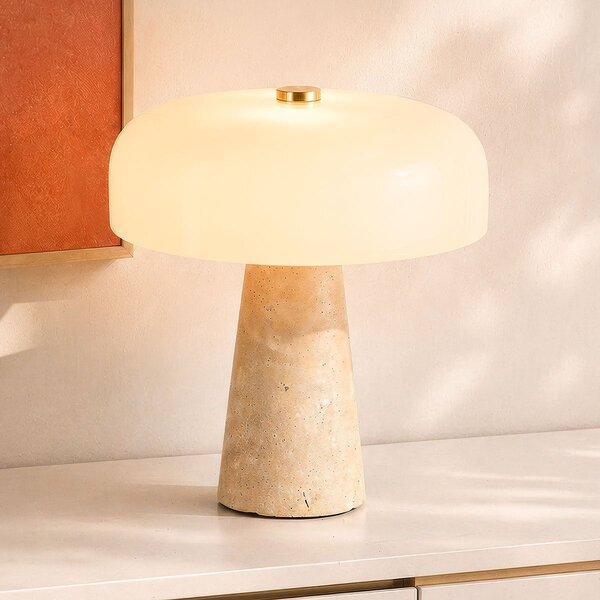 Tischlampe Marlo mit weißem Glas und Travertin (Naturstein)