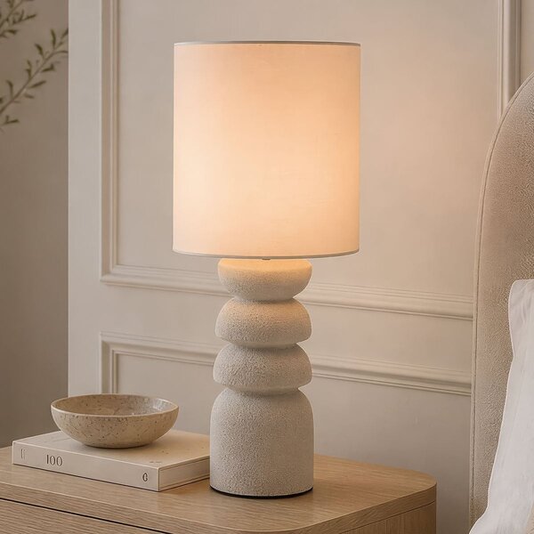 Tischlampe Kiyra - weißes Keramik mit Stoffschirm in Beige