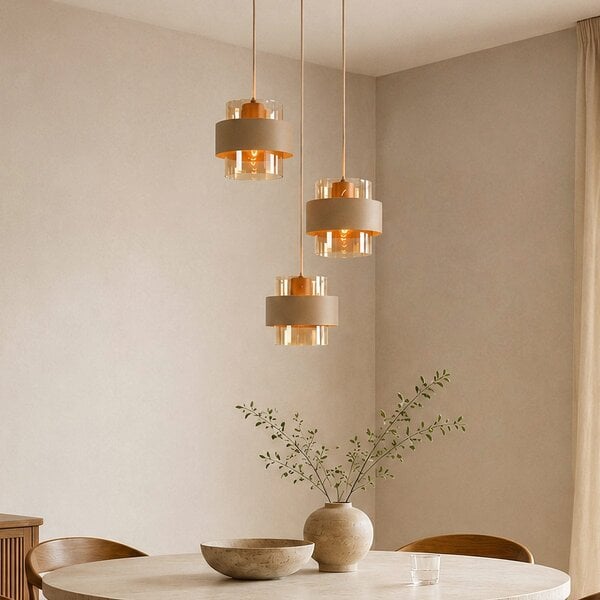 Hängelampe Kodi beige mit Amberglas, 3-flammig