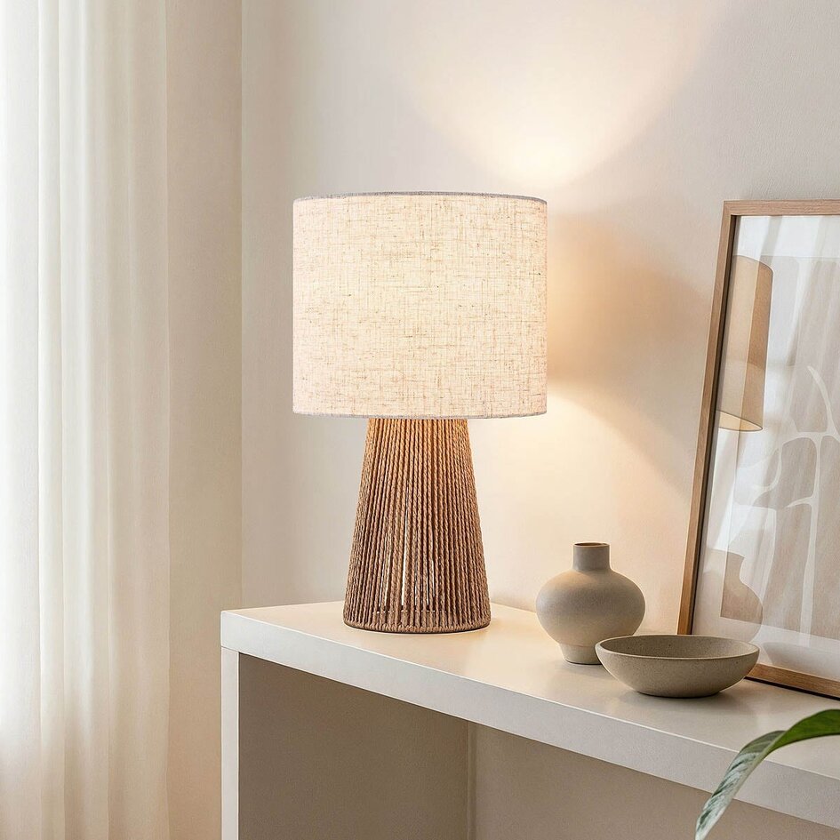 Tischlampe Ranpu Boho-Chic braun mit Leinenschirm