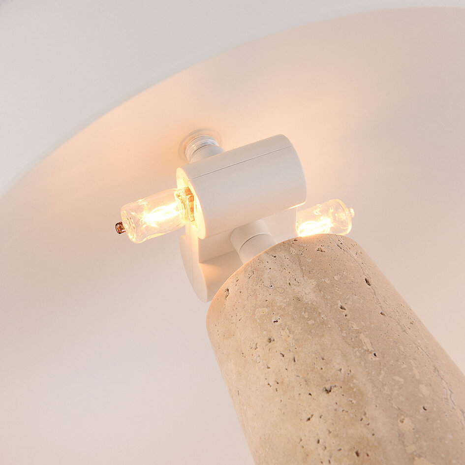 Tischlampe Marlo mit weißem Glasschirm und Travertin (Naturstein)