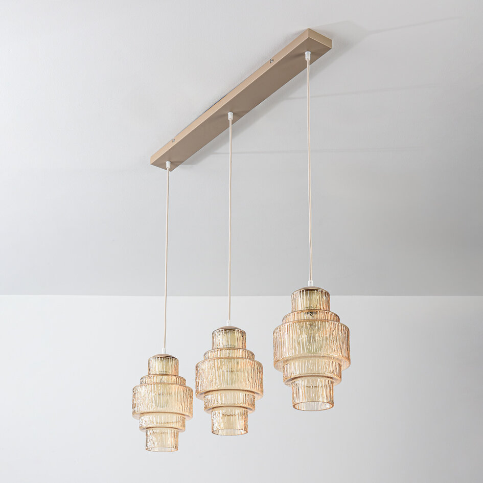 Hängeleuchte Odinda mit 3 gerippten amber Gläsern - Beige