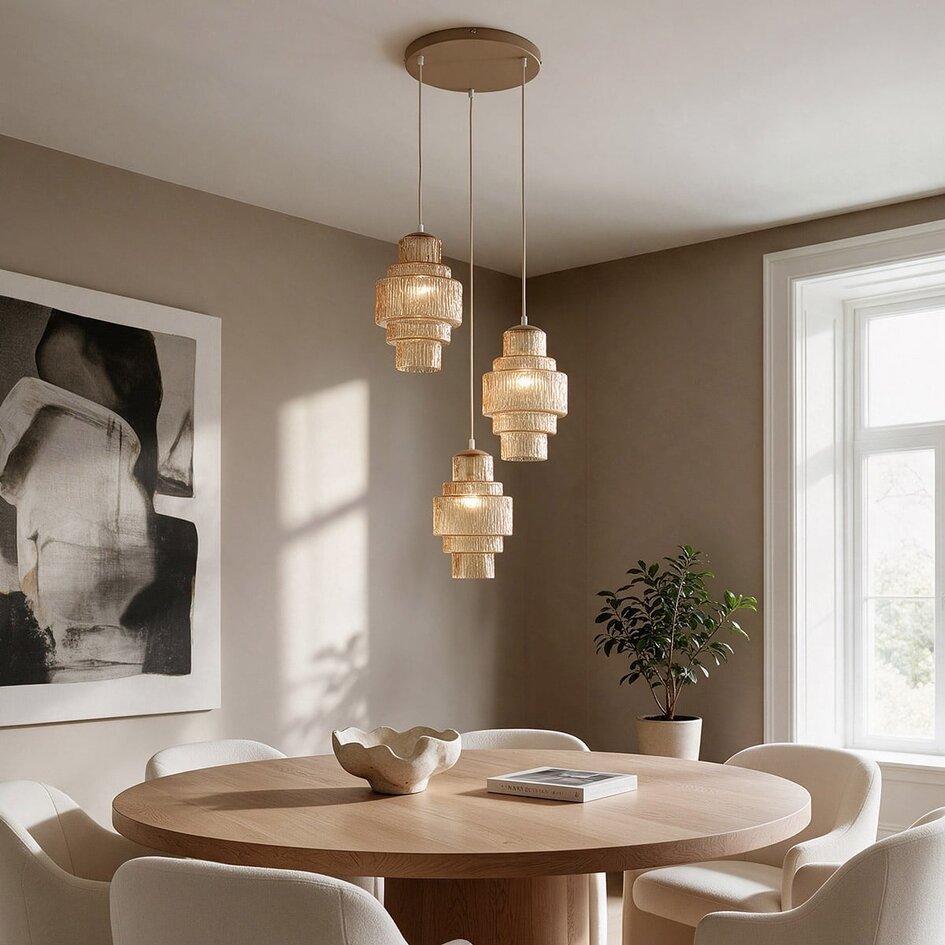 Pendelleuchte Orina mit 3 gerippten Ambergläsern - Beige