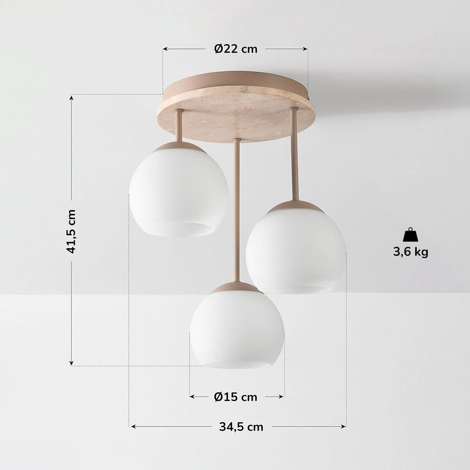 Deckenlampe Carati aus Travertin (Naturstein) mit milchweißem Glas, 3-flammig in Beige