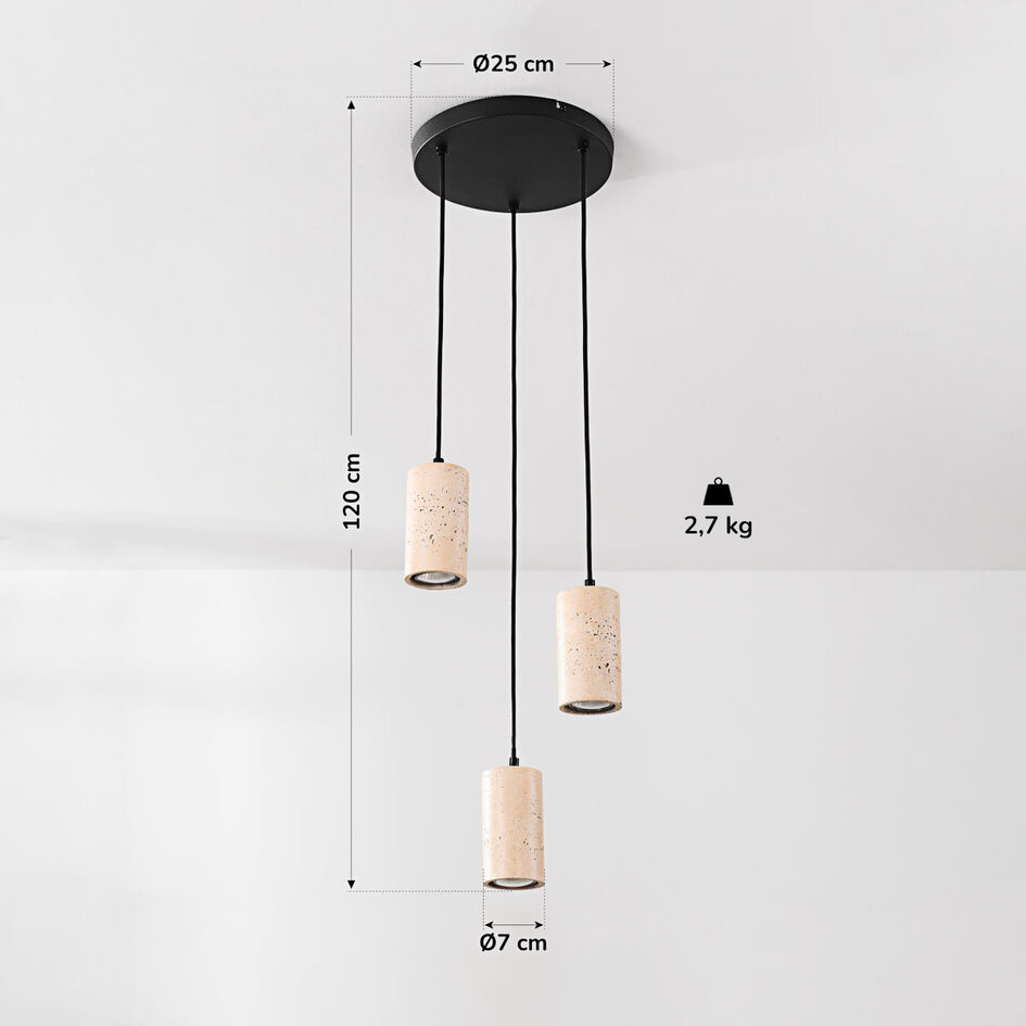 3-flammige Pendelleuchte Velea mit Spots in warmer Travertinoptik