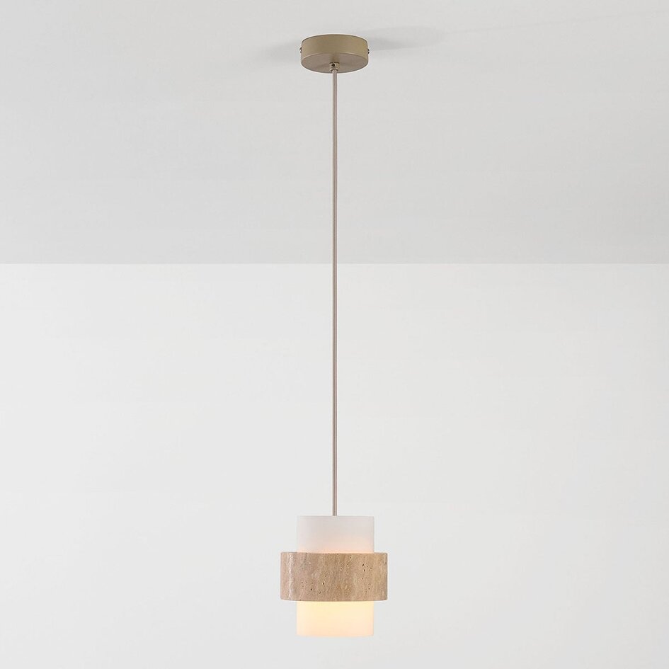 Hängeleuchte Yuki mit Travertin und milchweißem Glas - Beige