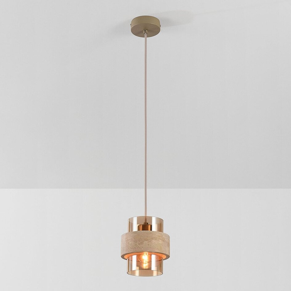 Pendelleuchte Yuki mit Travertin und amber Glas - Beige