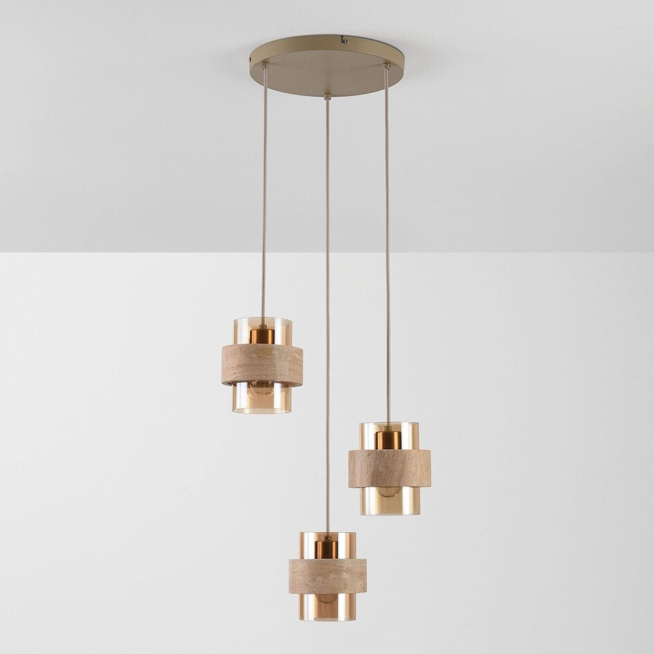 Pendelleuchte Sani mit 3 Schirmen aus Travertin und amber Glas - Beige