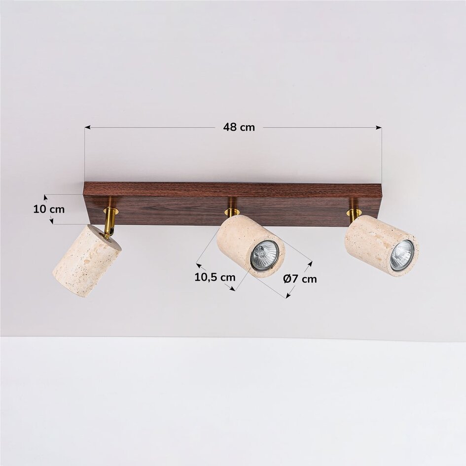 Deckenlampe Cerno mit 3 drehbaren Spots aus Travertin (Naturstein) und Holzoptik