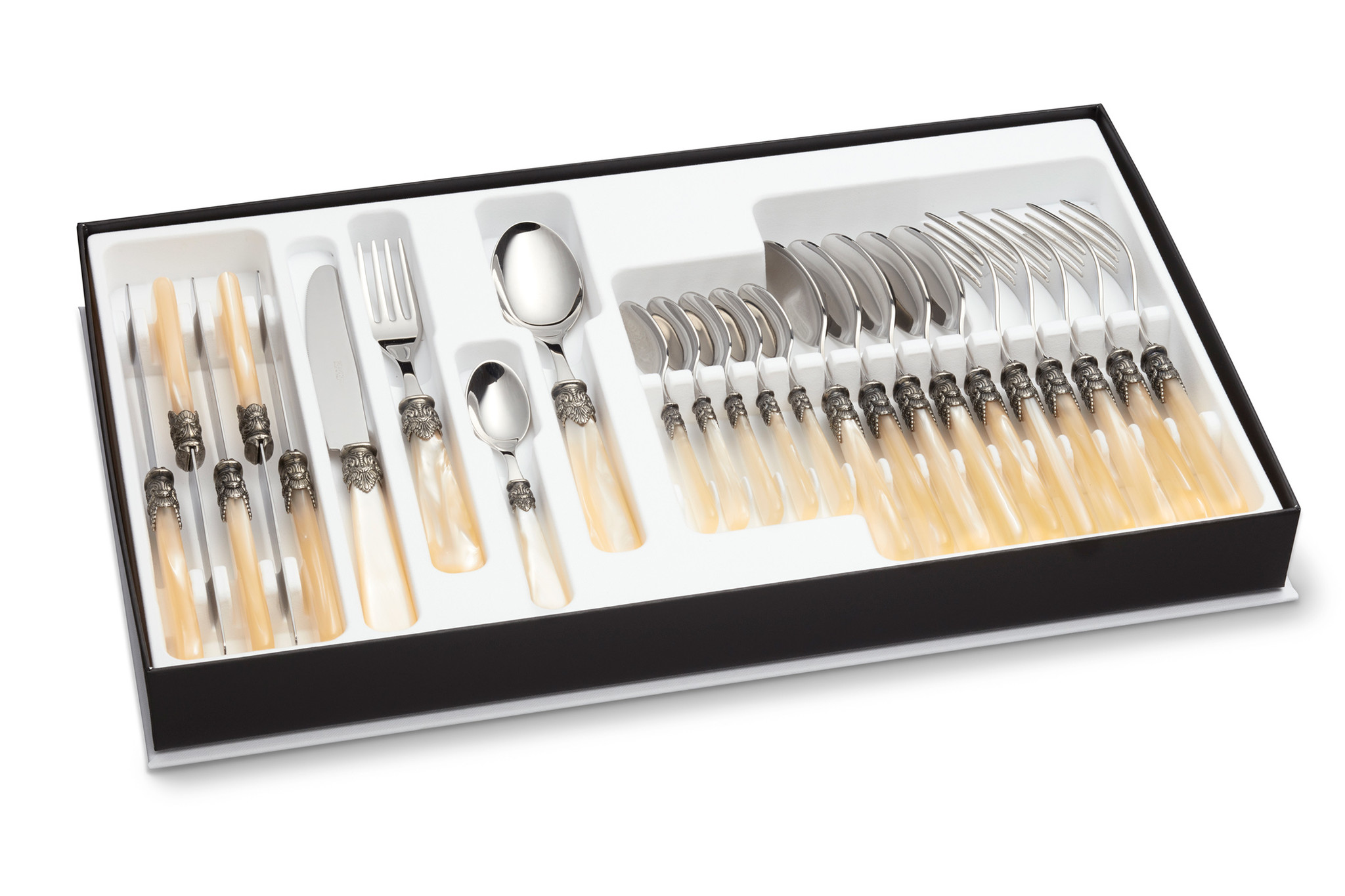 24-teiliges Tafelbesteckset, 6 Personen, Elfenbein (perlmutt), im Besteckkoffer