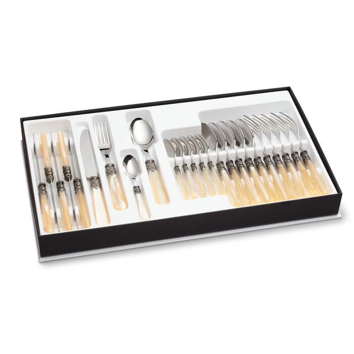 24-teiliges Tafelbesteckset, 6 Personen, Elfenbein (perlmutt), im Besteckkoffer