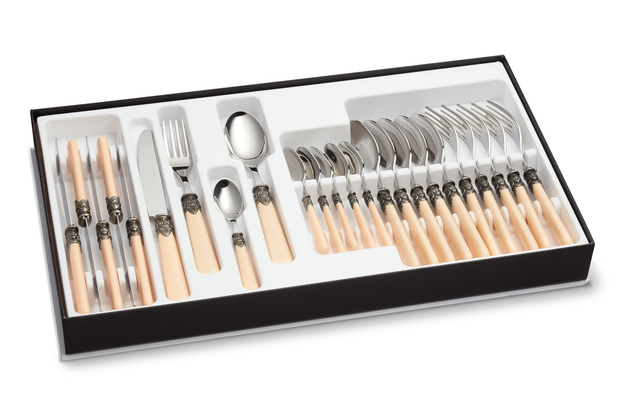 24-teiliges Tafelbesteckset, 6 Personen Elfenbein, (matt), im Besteckkoffer