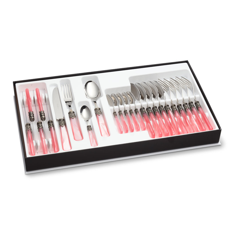 Besteck Set mit Besteckkasten, Rosa mit Perlmutt, 24 teilig für 6 Personen