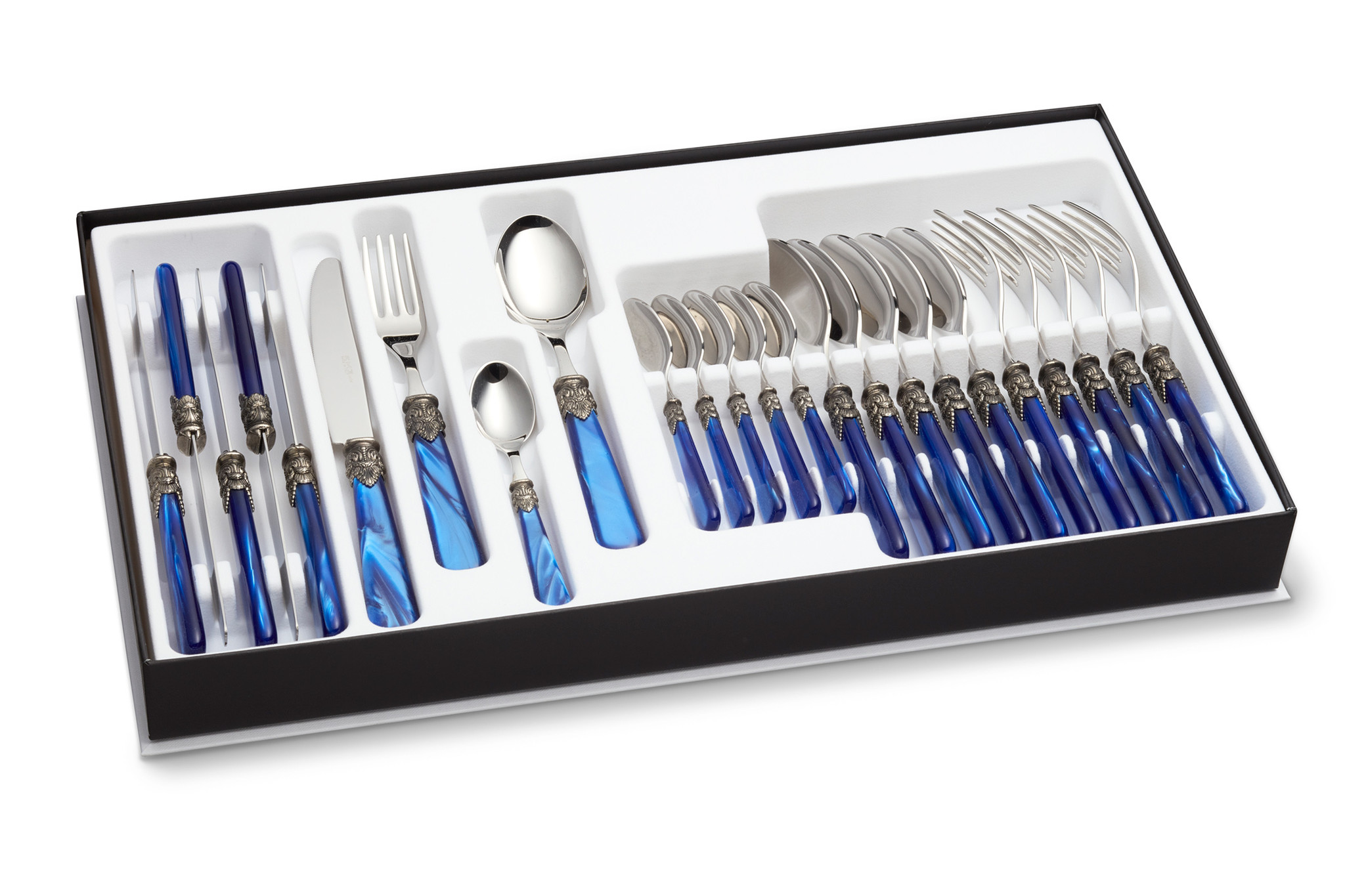 24-teiliges Tafelbesteckset, 6 Personen, Blau (perlmutt), im Besteckkoffer