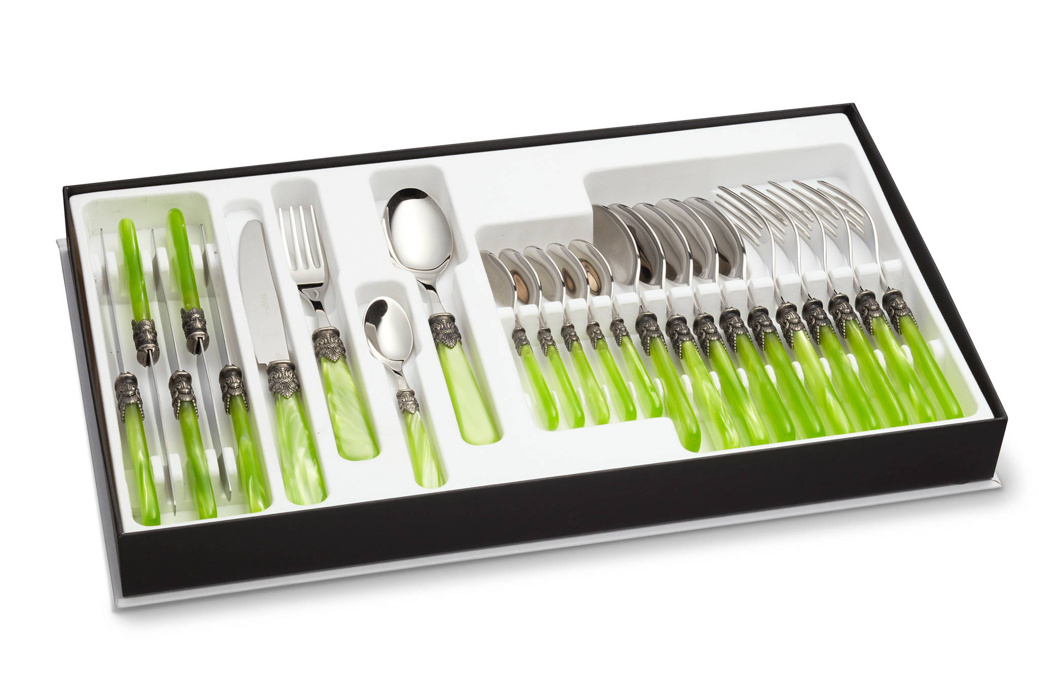 24-teiliges Tafelbesteckset, 6 Personen, Hellgrün (perlmutt), im Besteckkoffer