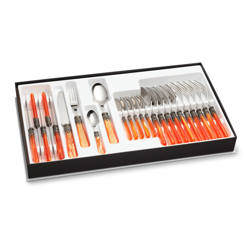 Besteck Set mit Besteckkasten, Orange mit Perlmutt, 24 teilig für 6 Personen