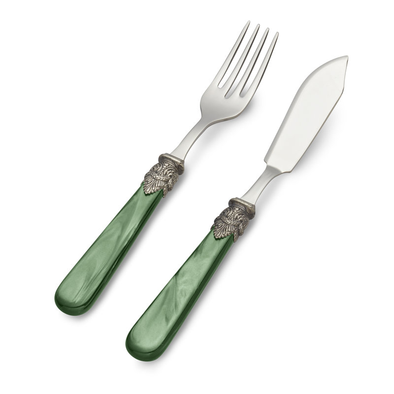 Fish knife, Fish fork or available in a 2-piece Set, Green with Mother of Pearl, 1 person