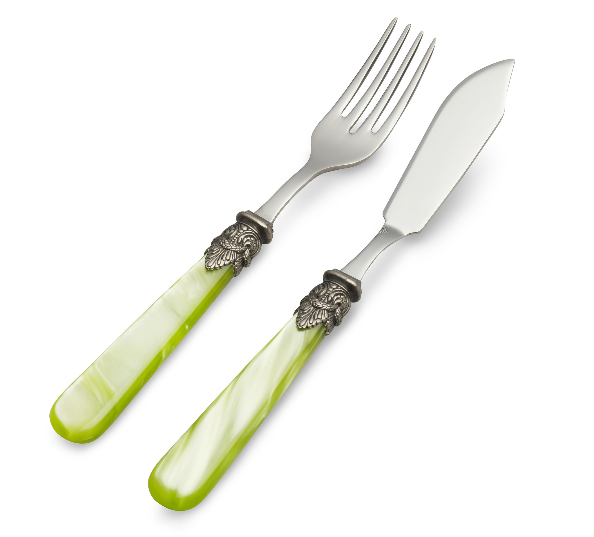 2-piece Fish Cutlery Set (fish knife, fish fork), Light Green with Mother  of Pearl, 1 person