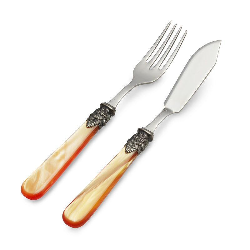 Fischmesser, Fischgabel oder im 2er Set erhältlich, Orange mit Perlmutt, 1 Person