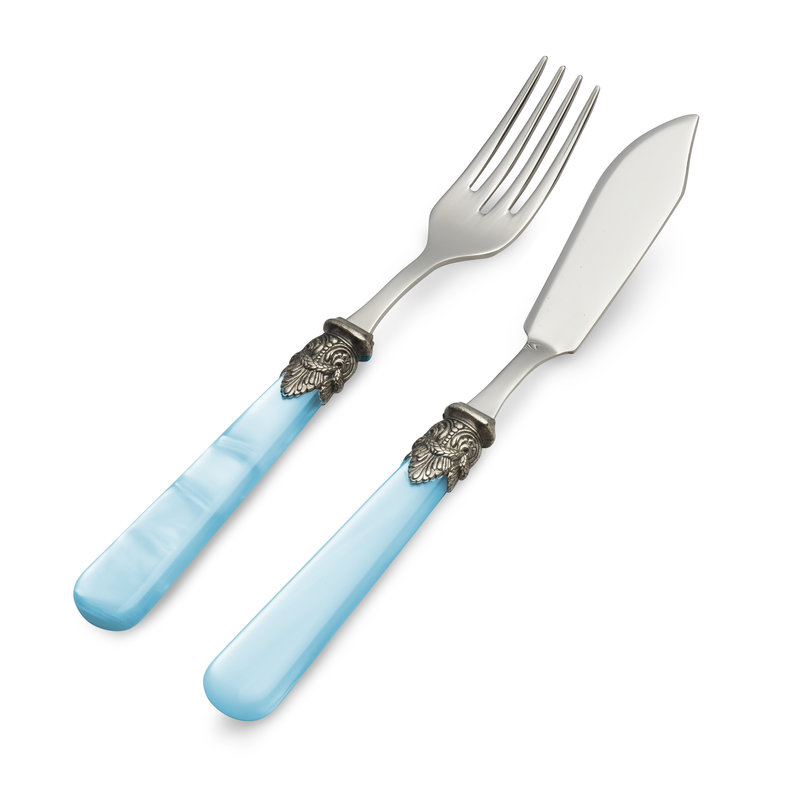 Fish knife, Fish fork or available in a 2-piece Set, Light Blue with Mother of Pearl, 1 person