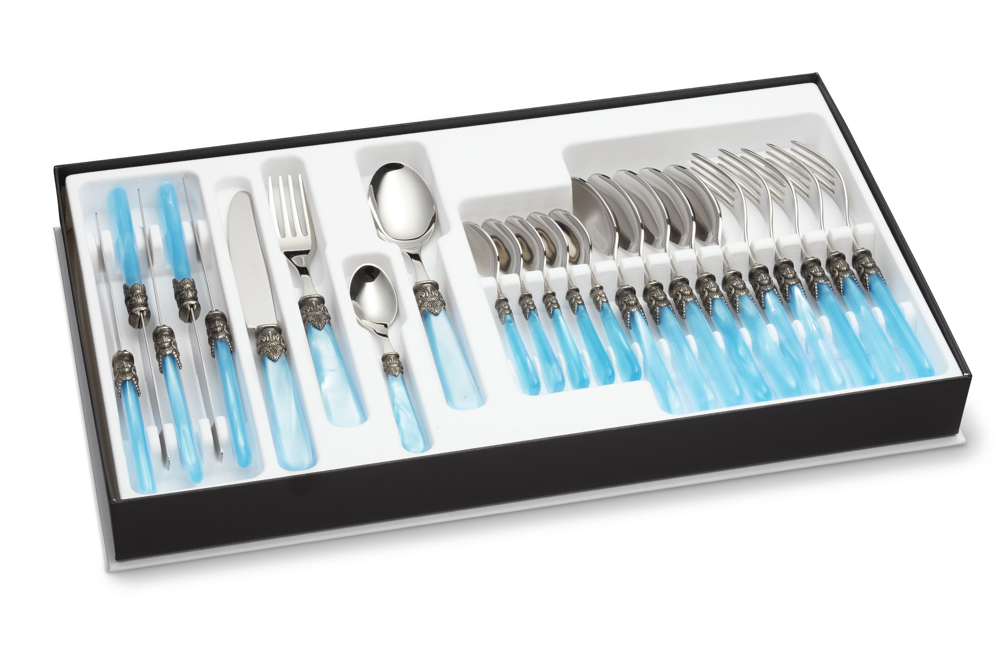 24-teiliges Tafelbesteckset, 6 Personen, Hellblau (perlmutt), im Besteckkoffer