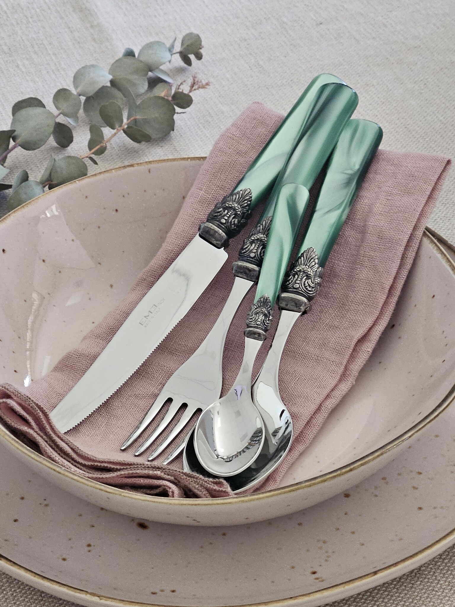 4-delig, Bestekset, voor 1 persoon, Groen (parelmoer), voor het diner, EME Napoleon