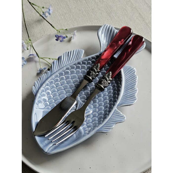 Bestekset, 2-delig, Rood (parelmoer), set met Vismes en Visvork, EME Napoleon