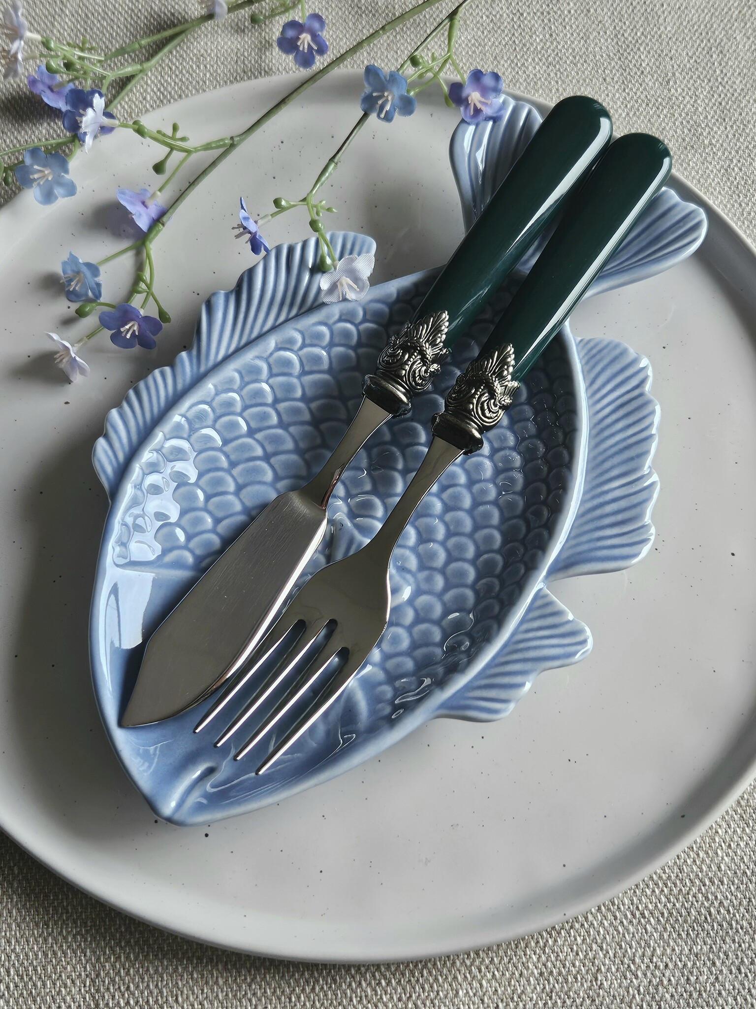 Cutlery Set, Green (matte), for Fish