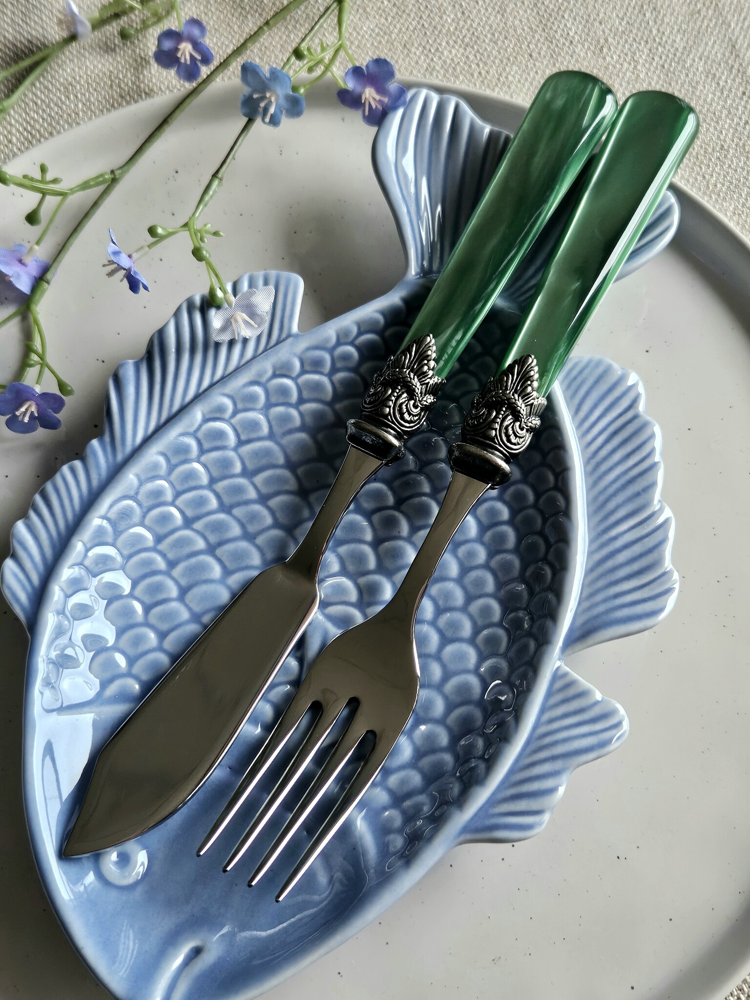 Cutlery Set, Green (mother-of-pearl), for Fish