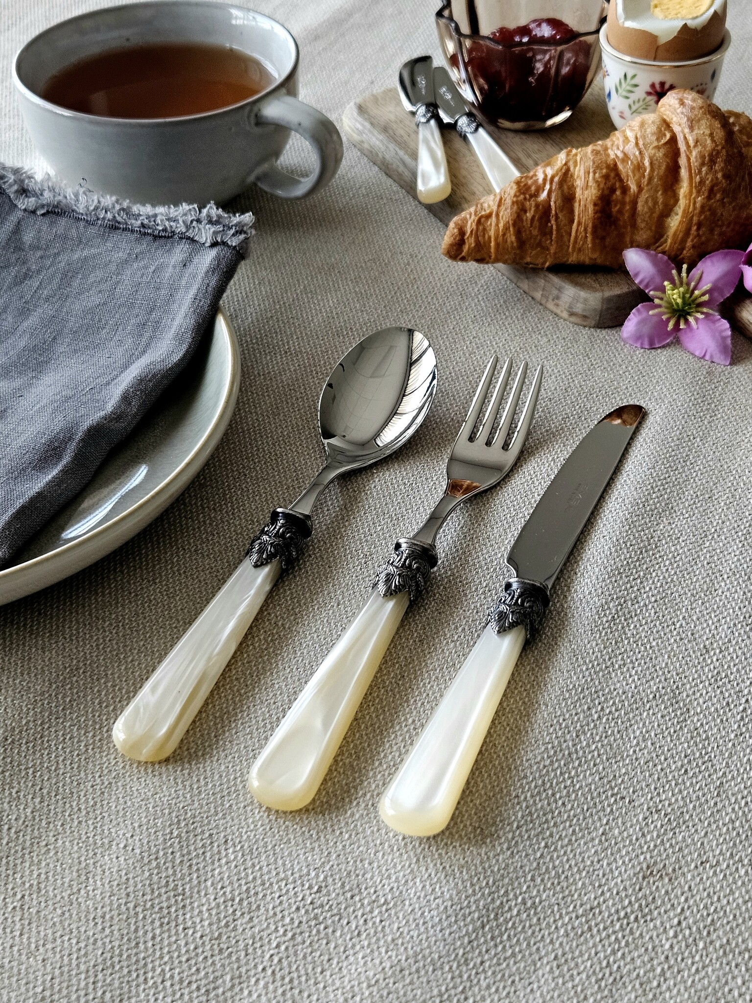 3-teilig, Besteckset, 1 Person, Elfenbein (perlmutt), perfekt als Frühstücksbesteck