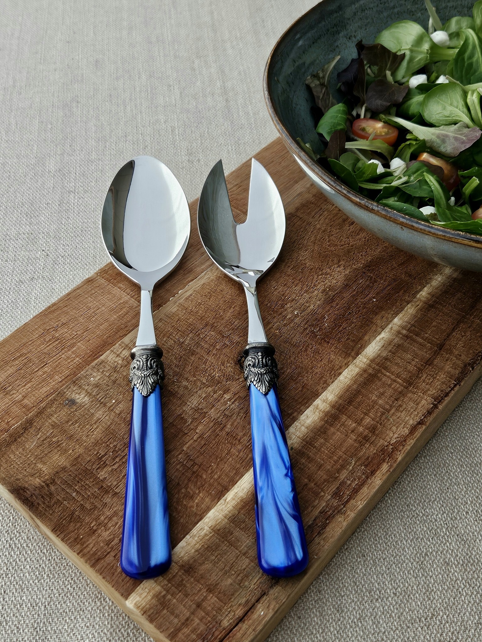 Salatbesteck, 2-teilig (Salatlöffel und Salatgabel), Blau (perlmutt), EME Napoleon