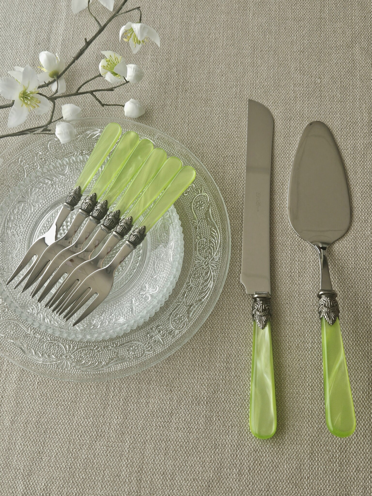 Tortenbesteckset (8-teilig), Hellgrün (perlmuttglanz)