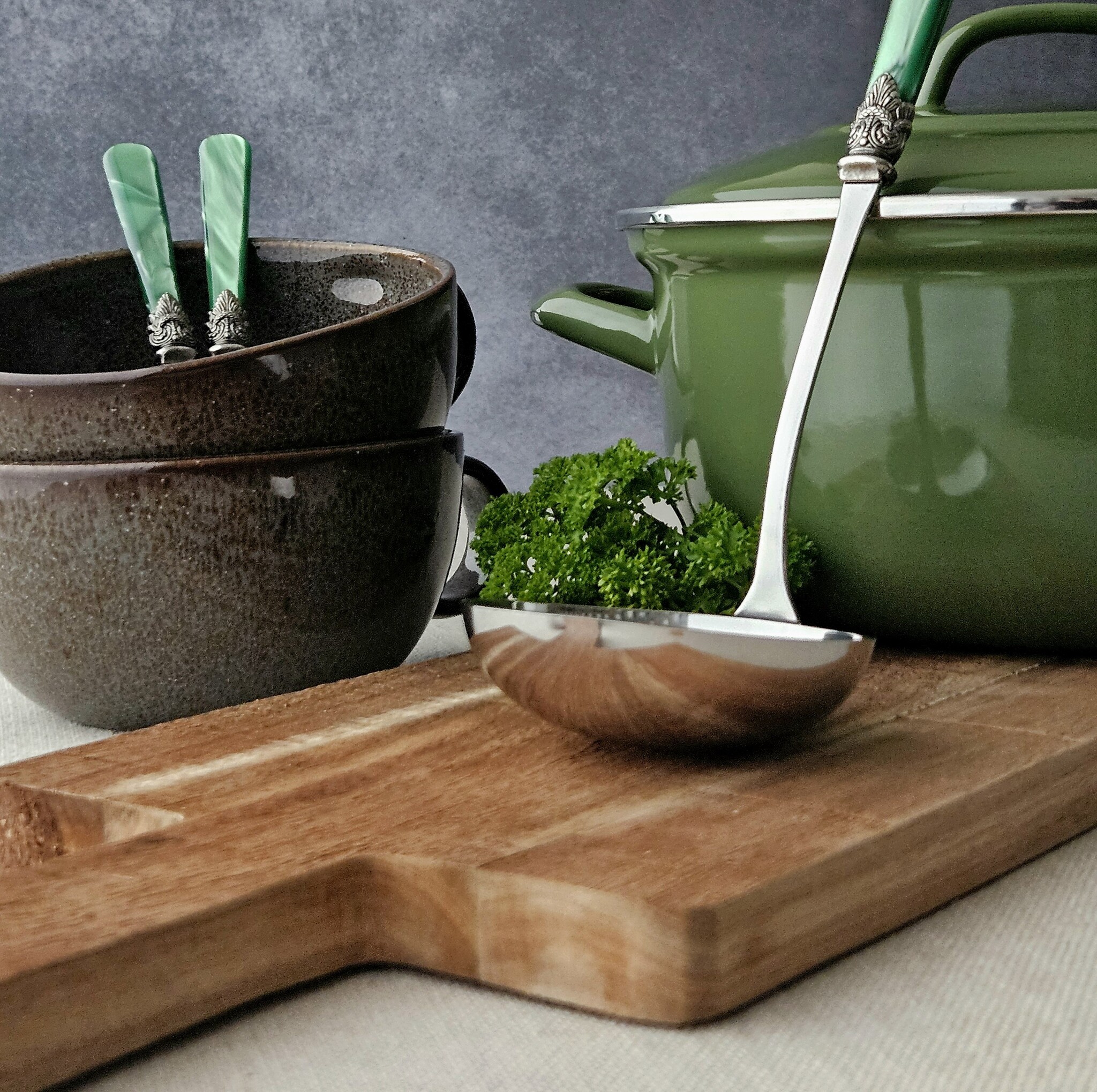 Soup cutlery set (7-piece), Green (mother-of-pearl)
