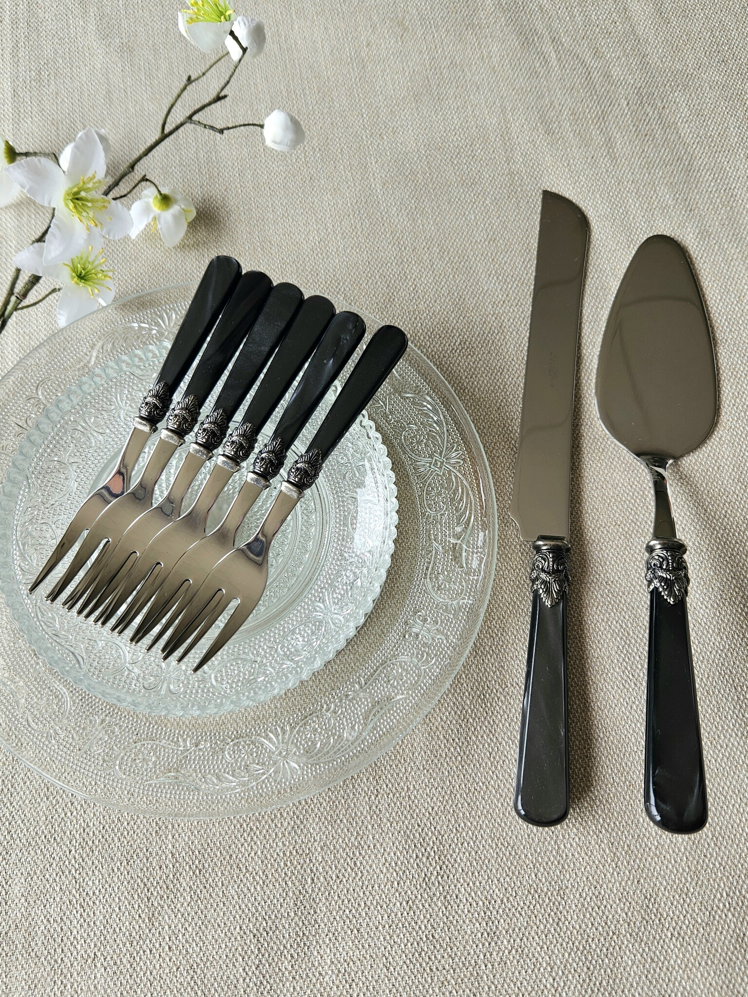 Tortenbesteckset (8-teilig), Schwarz (perlmuttglanz)