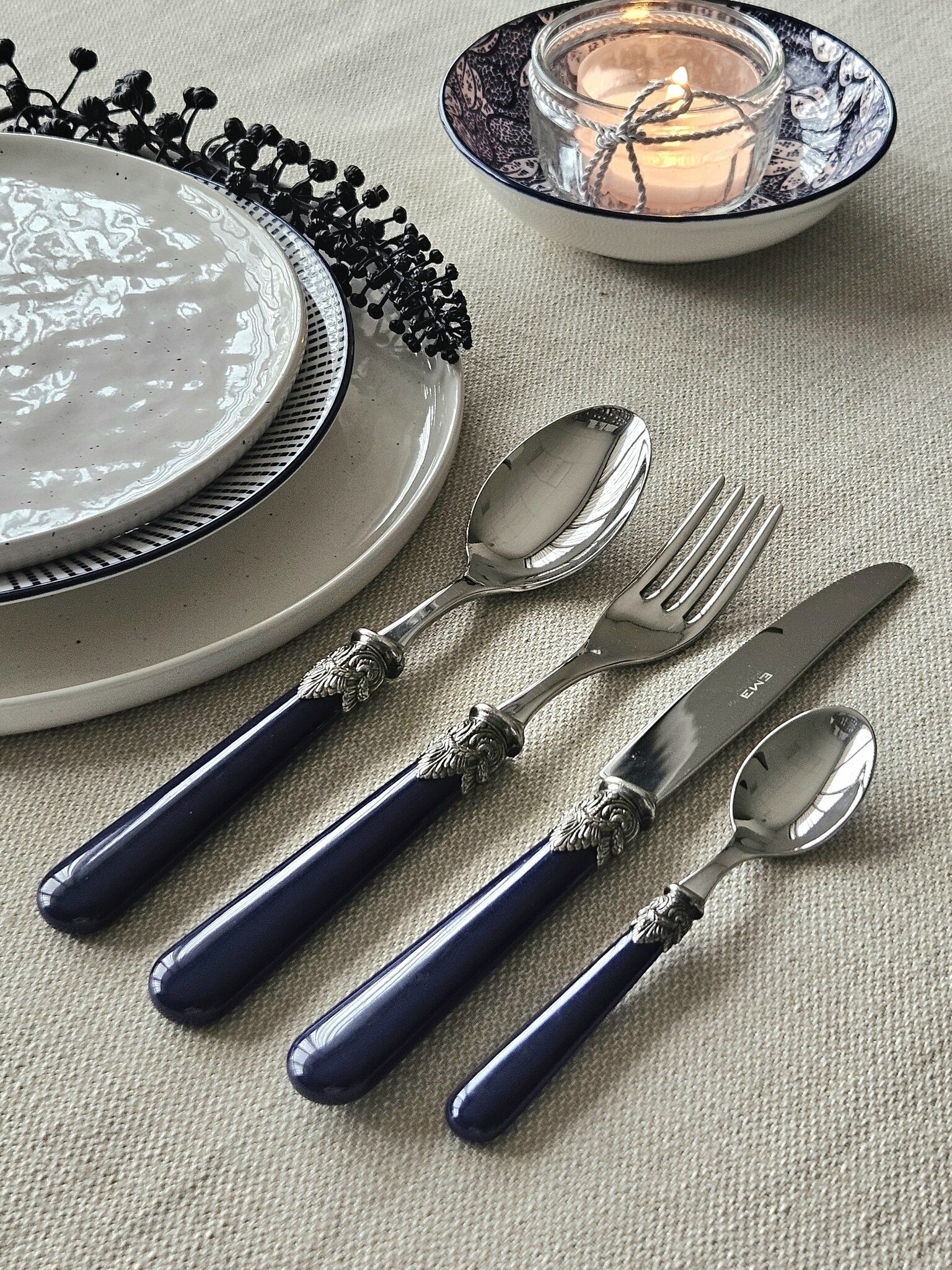 Bestekcassette, Blauw (mat), in luxe houten bestekkoffer, EME Napoleon