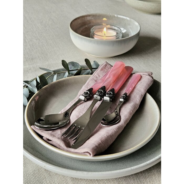 Bestekcassette, Roze (parelmoerglans), in luxe houten bestekkoffer