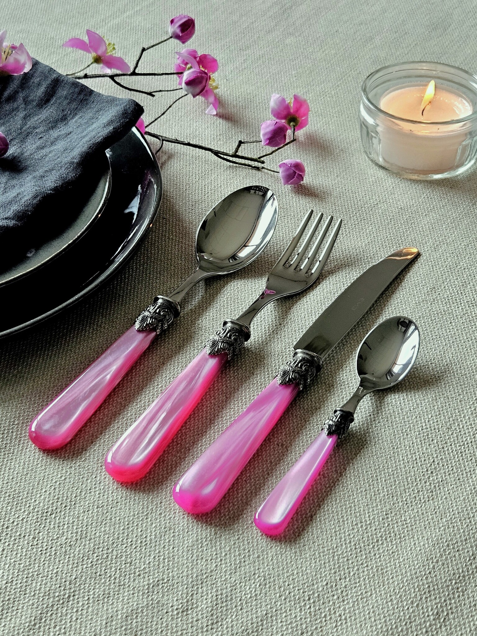 24-delige bestekcassette voor 6 personen, Fuchsia (parelmoer), in luxe houten bestekkoffer, EME Napoleon