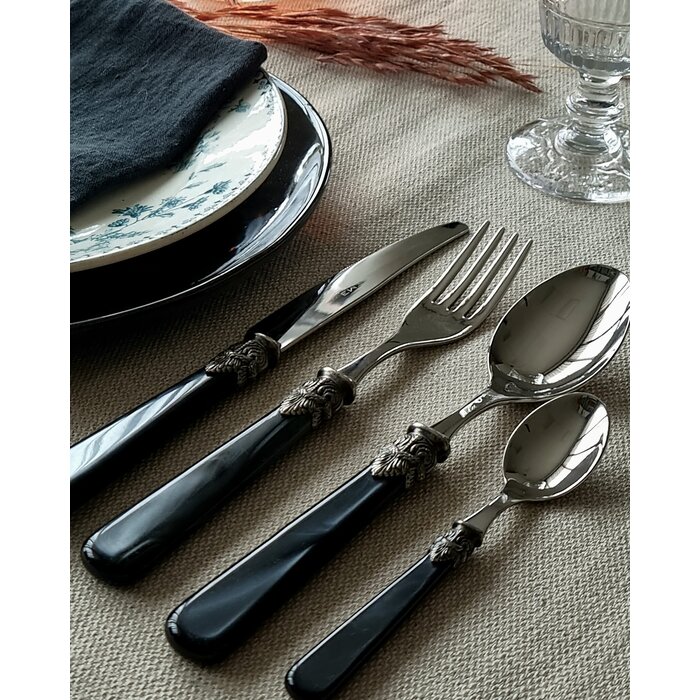 24-teiliges Tafelbesteckset, 6 Personen, Schwarz (perlmutt), im luxuriösen Holzkoffer