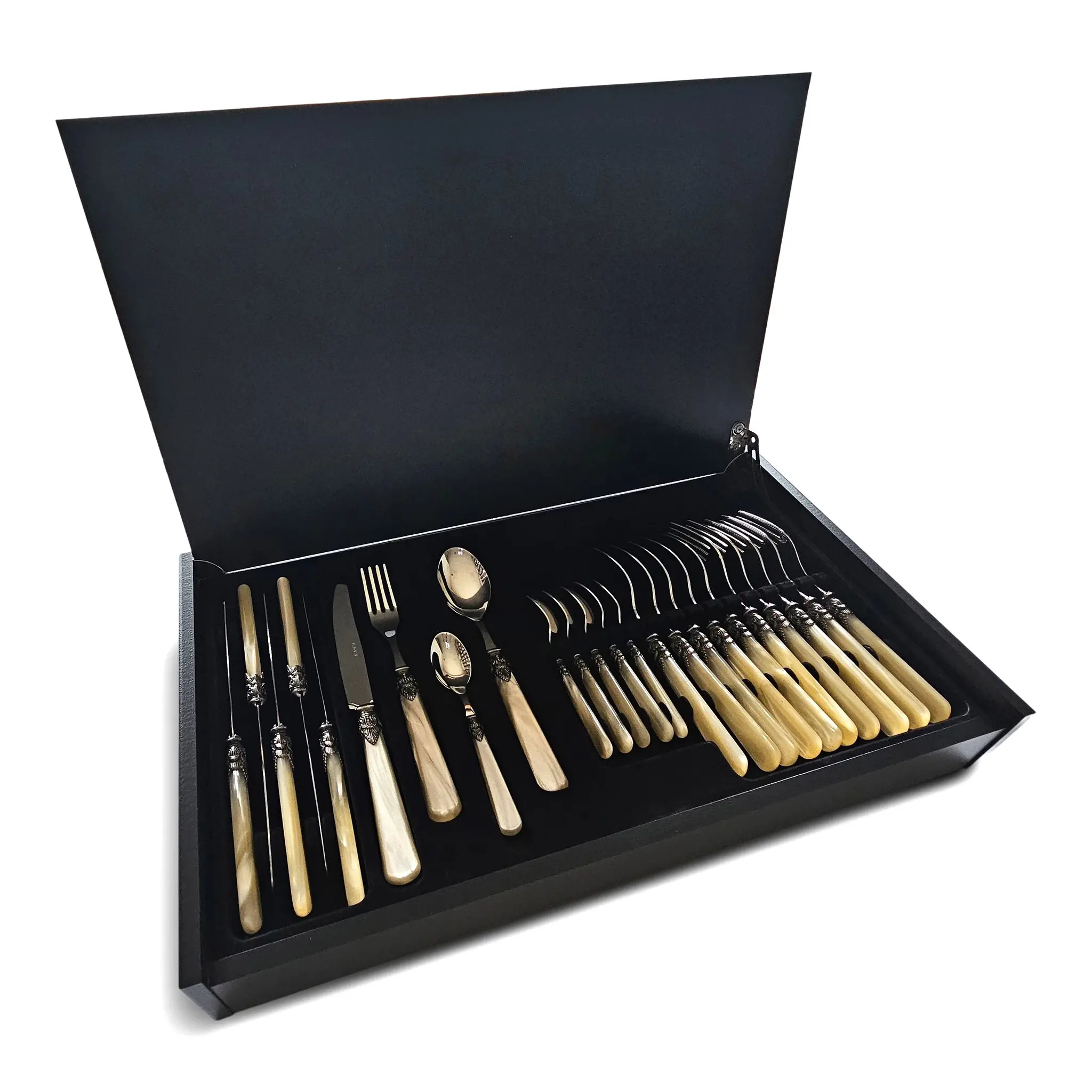 Cutlery Box, Ivory (mother-of-pearl sheen), in a luxurious wooden cutlery case