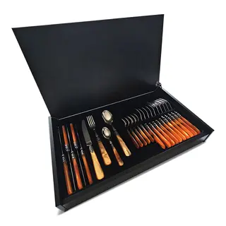 Bestekcassette, Oranje (parelmoer), in houten bestekkoffer