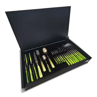 Bestekcassette, Lichtgroen (parelmoer), in houten bestekkoffer