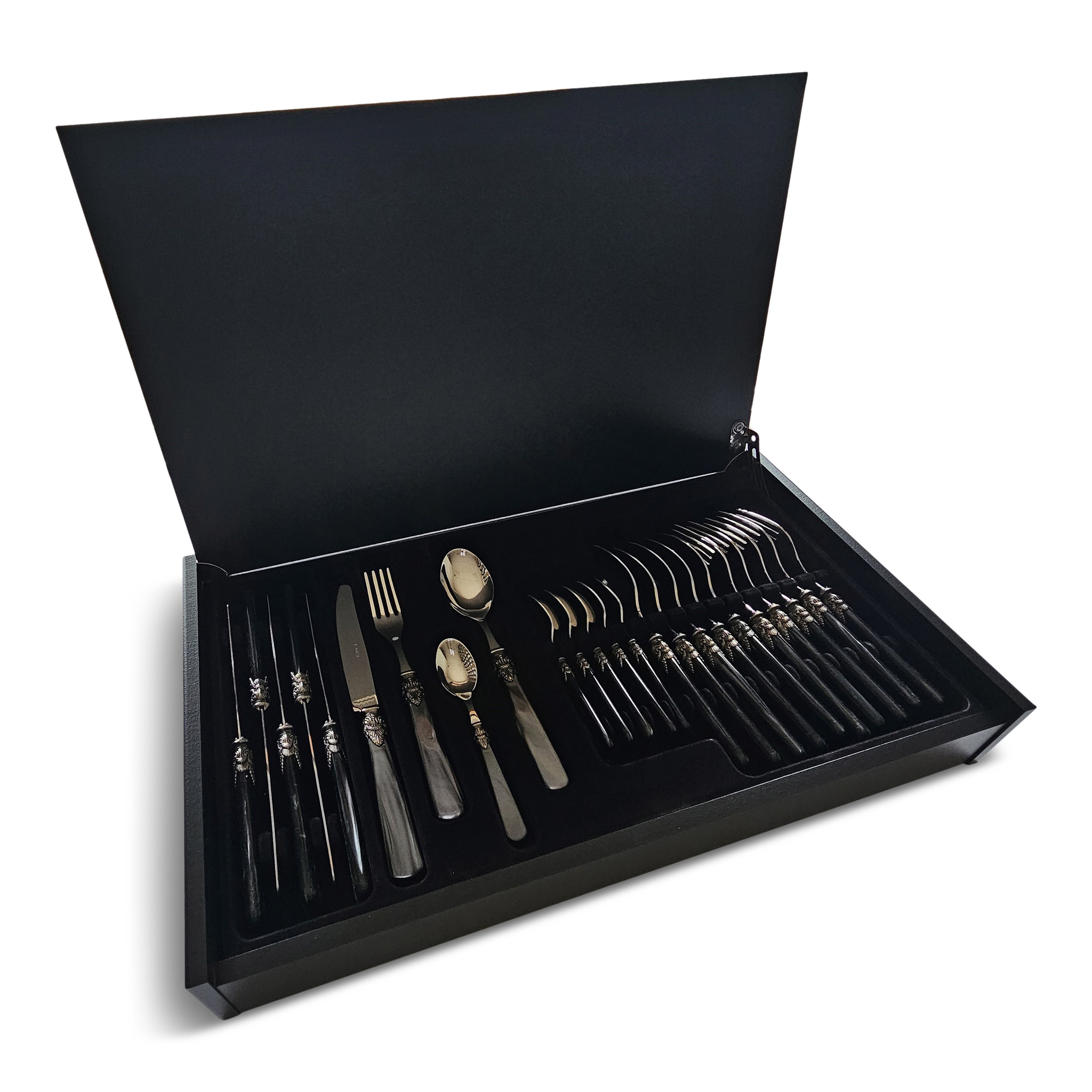 Cutlery Box, Black (mother-of-pearl sheen), in a luxurious wooden cutlery case