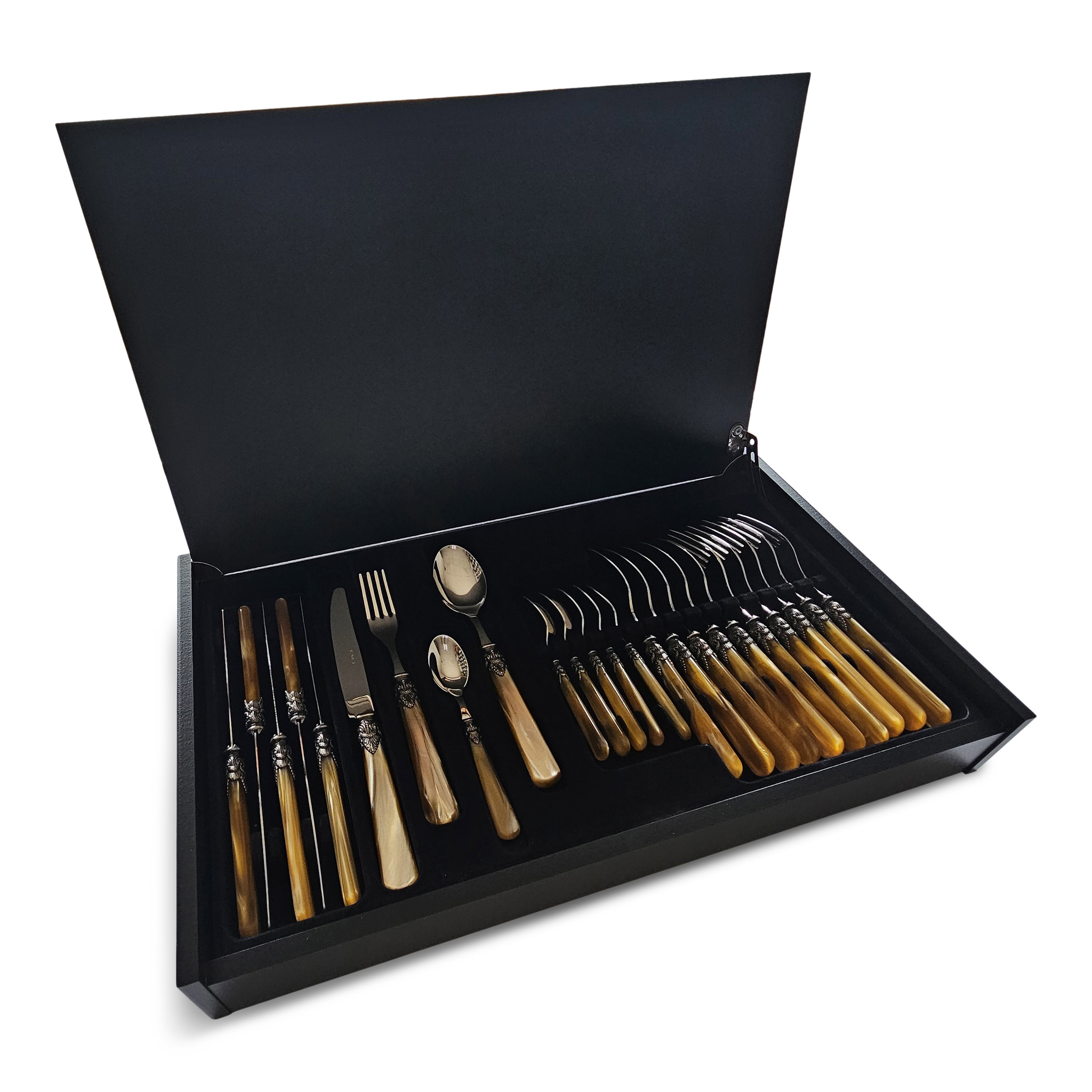 Cutlery Box, Honey Gold (mother-of-pearl sheen), in a luxurious wooden cutlery case