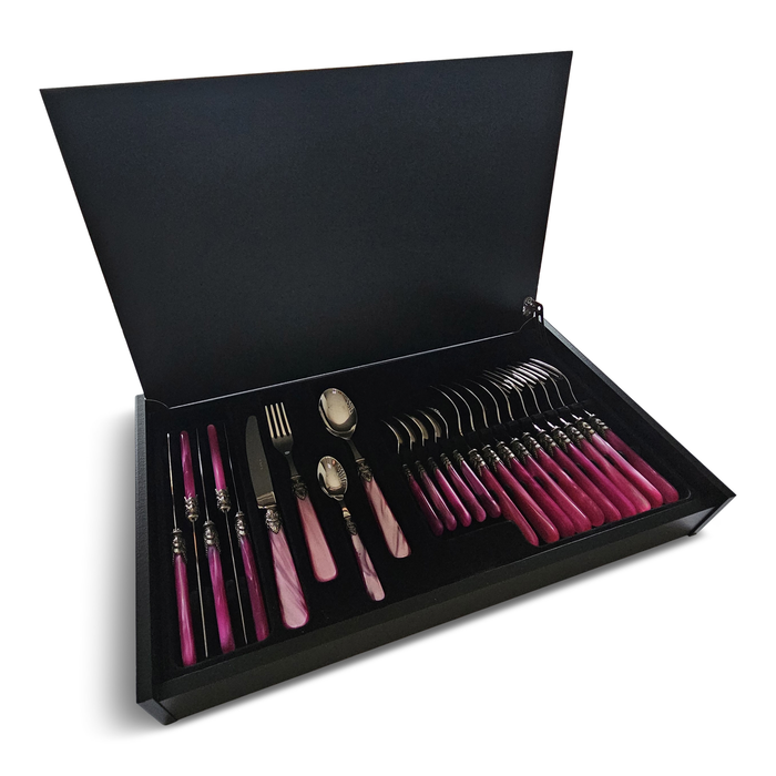 Cutlery Box, Fuchsia (mother-of-pearl), in a luxurious wooden cutlery case